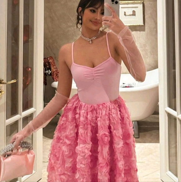 Spaghetti Strap Knitted Waist Seam Floral Embroidered Tulle Fluffy Skirt Romanti - Picture 1 of 4